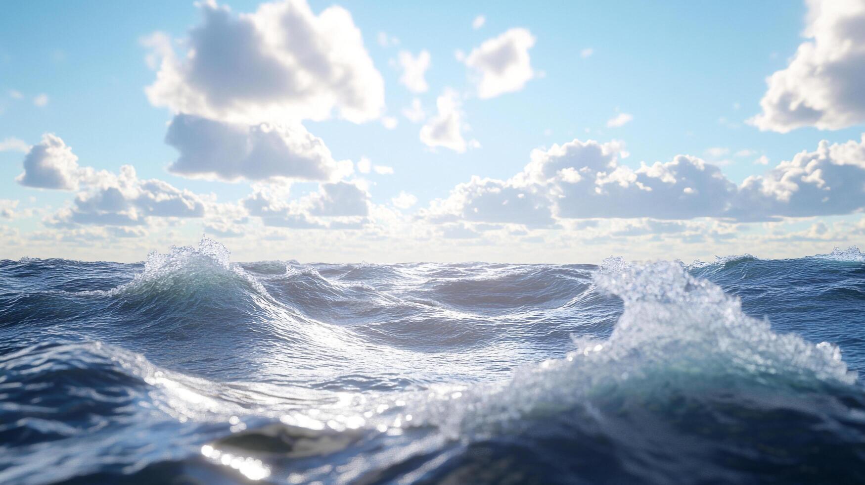 Ocean waves cresting under a bright blue sky dotted with fluffy white clouds, showcasing the power and beauty of marine nature. photo