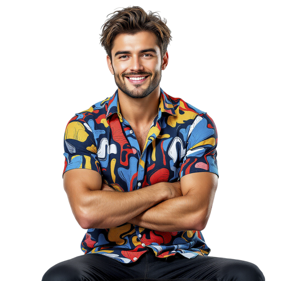 A man in a colorful shirt sitting on the floor png