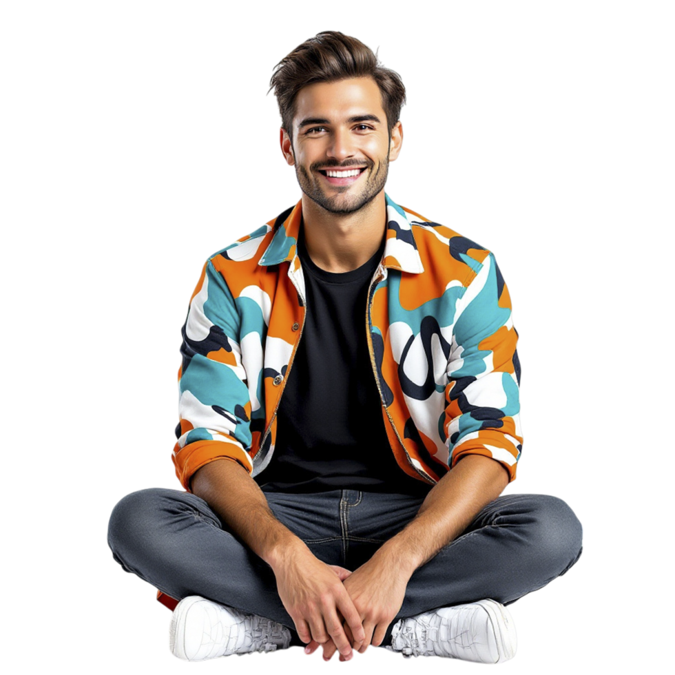 A man sitting on the floor wearing a colorful jacket png