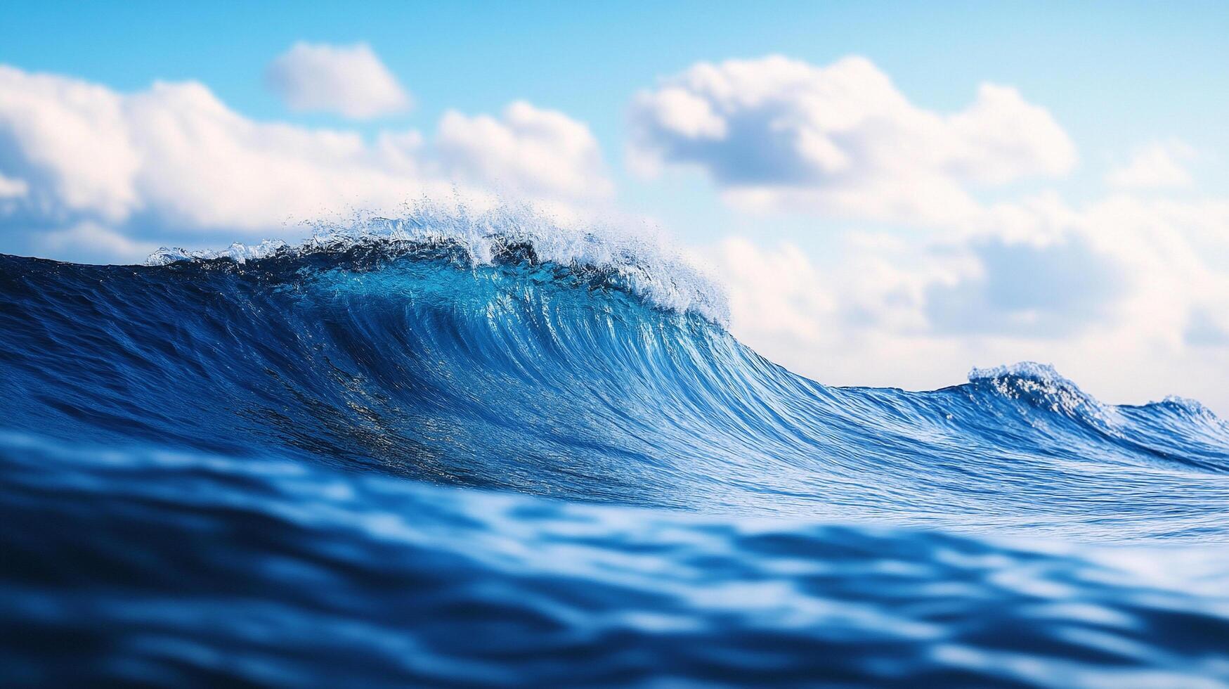 Majestic ocean wave crests against a serene sky, a symphony of aquatic power and natural beauty. The wave is a dance of light and motion. photo