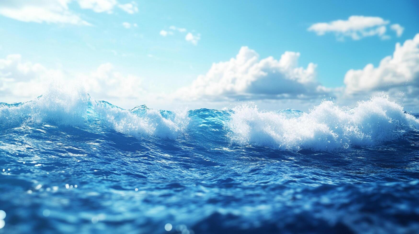 Waves crash under a blue sky filled with fluffy clouds, showcasing the ocean's power and beauty on a bright sunny day. A perfect ocean scene. photo