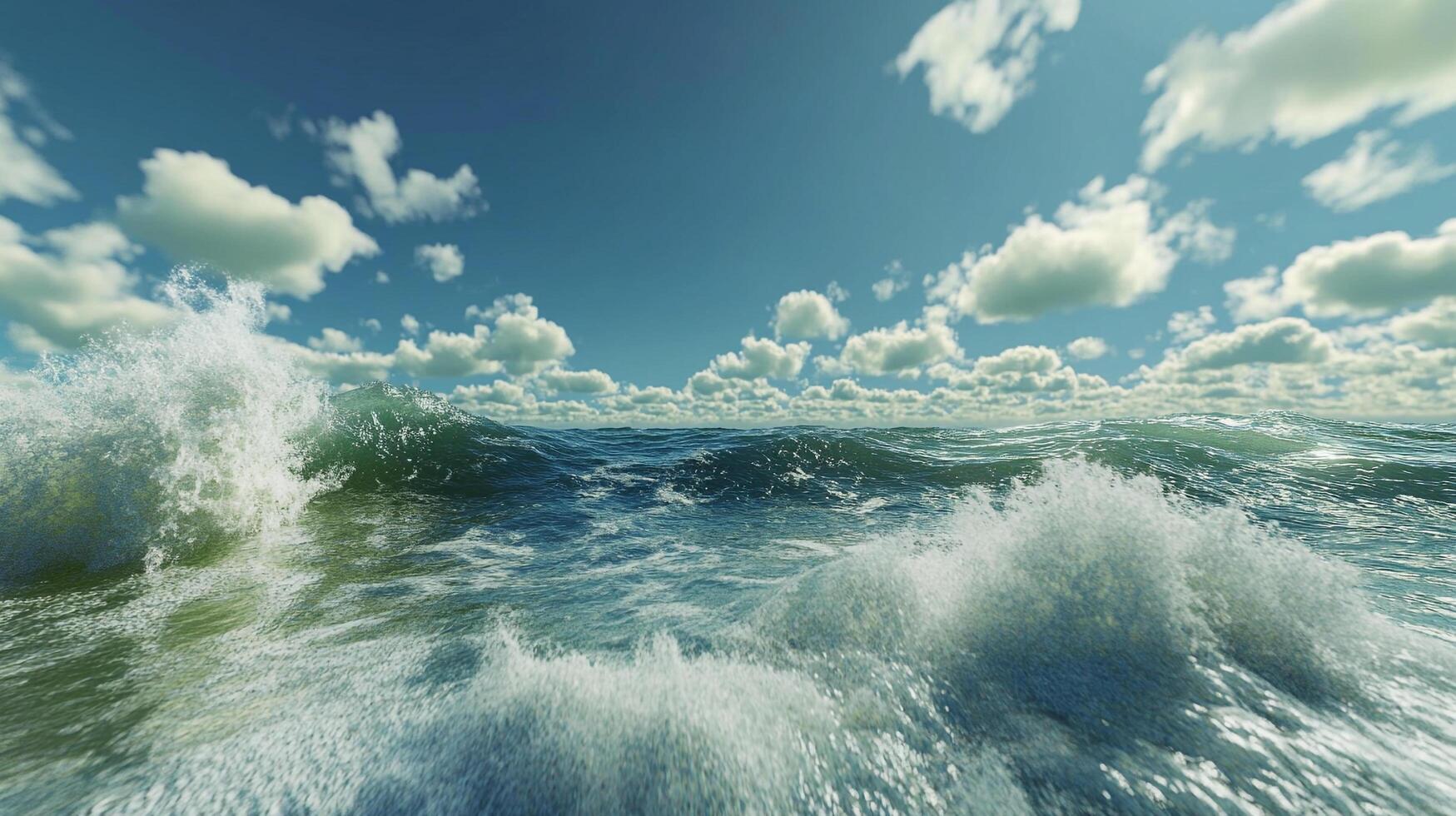 Seascape with rolling waves and a blue sky filled with fluffy white clouds, capturing the ocean's energy and scenic beauty. photo