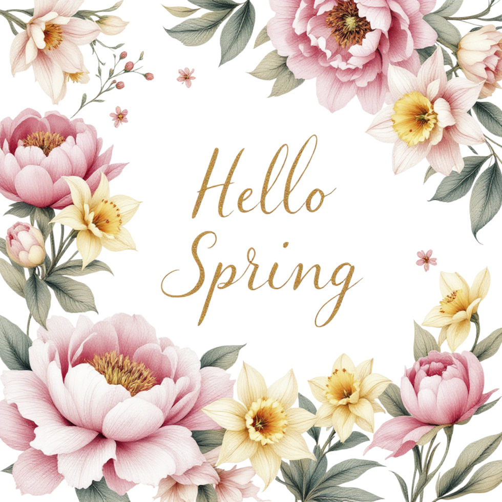 Hello spring floral background with peony flowers and yellow leaves on black background png