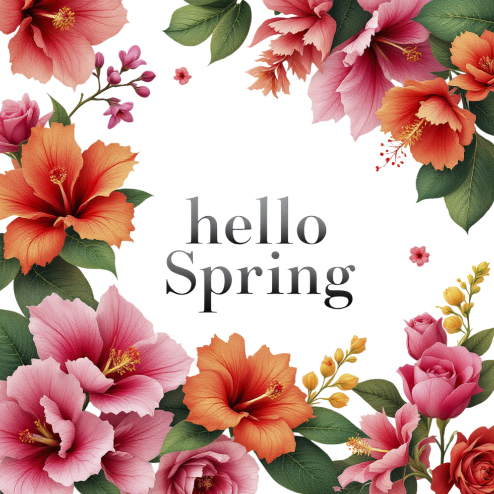 Flowers and leaves on black background with the word hello spring png