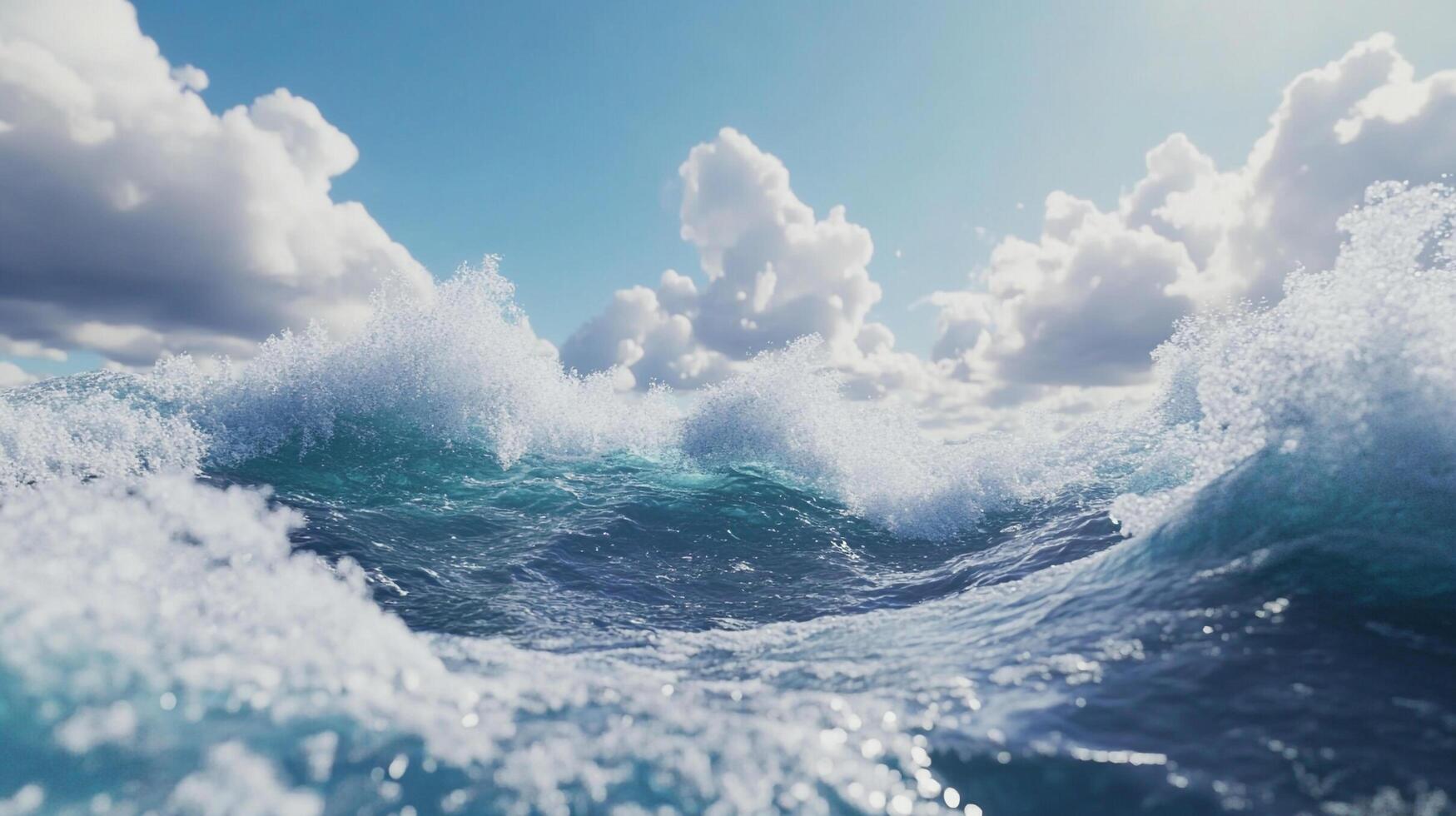 Ocean waves crash under a bright sky. The water churns and foams, reflecting the sunlight amidst scattered clouds above the deep blue sea. photo