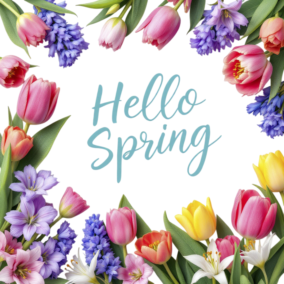 Spring flowers on black background with the word hello spring png
