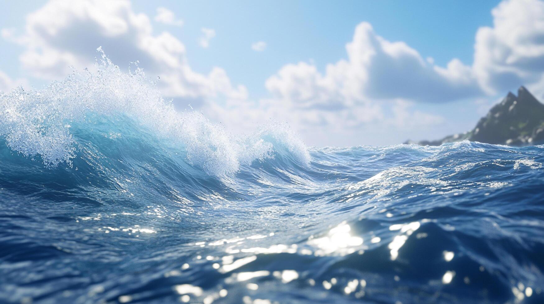 Ocean wave cresting and breaking, blue sky above. Scenic coastal landscape with shimmering water and distant rocky shoreline. photo