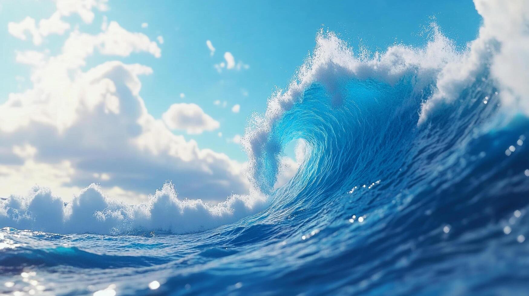 Ocean wave cresting under a bright blue sky dotted with fluffy white clouds, capturing the power and beauty of nature's elements. photo