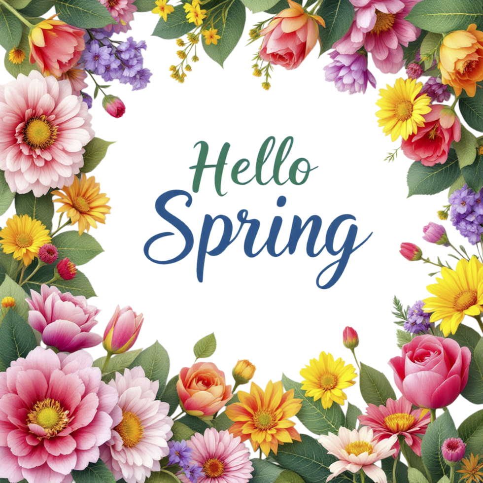 Flowers and leaves on black background with the word hello spring png