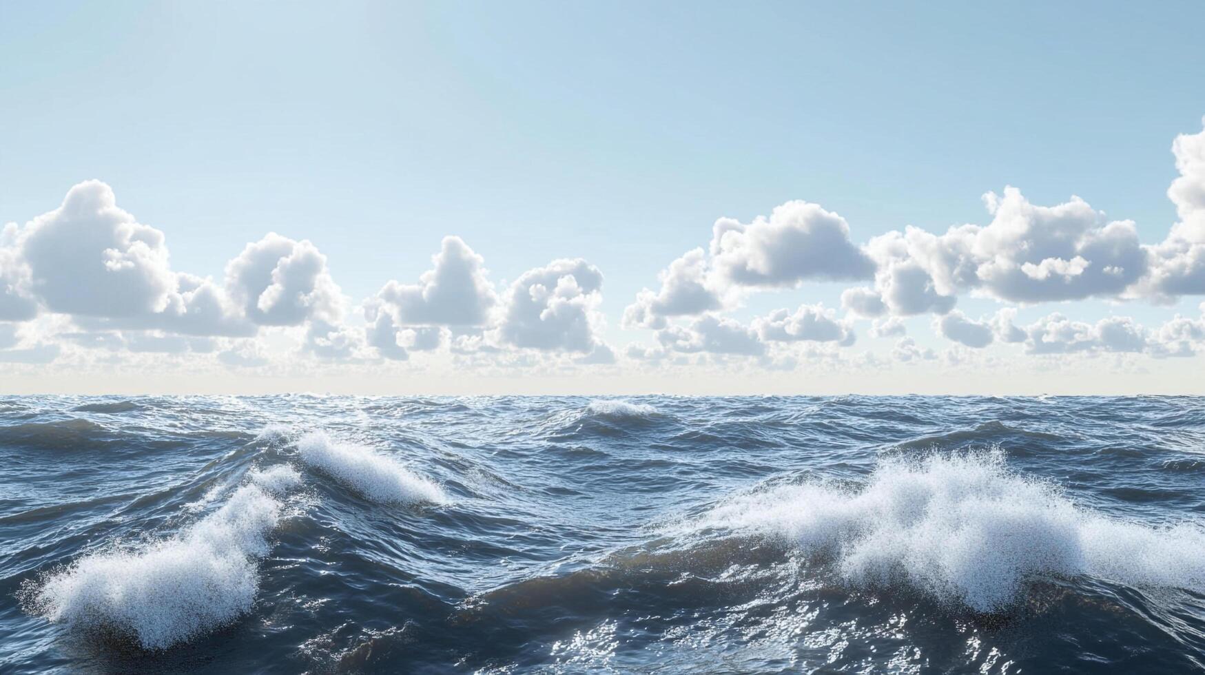 Scenic ocean waves under a sky of fluffy white clouds, creating a serene and picturesque view of nature's beauty. photo