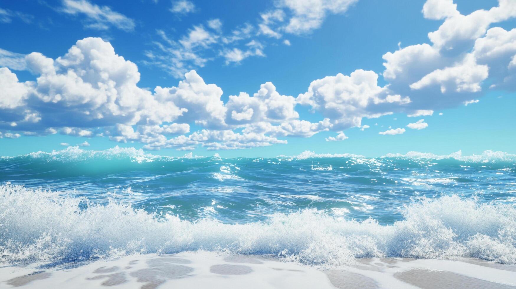 Serene ocean view with blue sky, puffy clouds, and gentle waves. A peaceful coastal scene with clear water and bright sunlight. photo