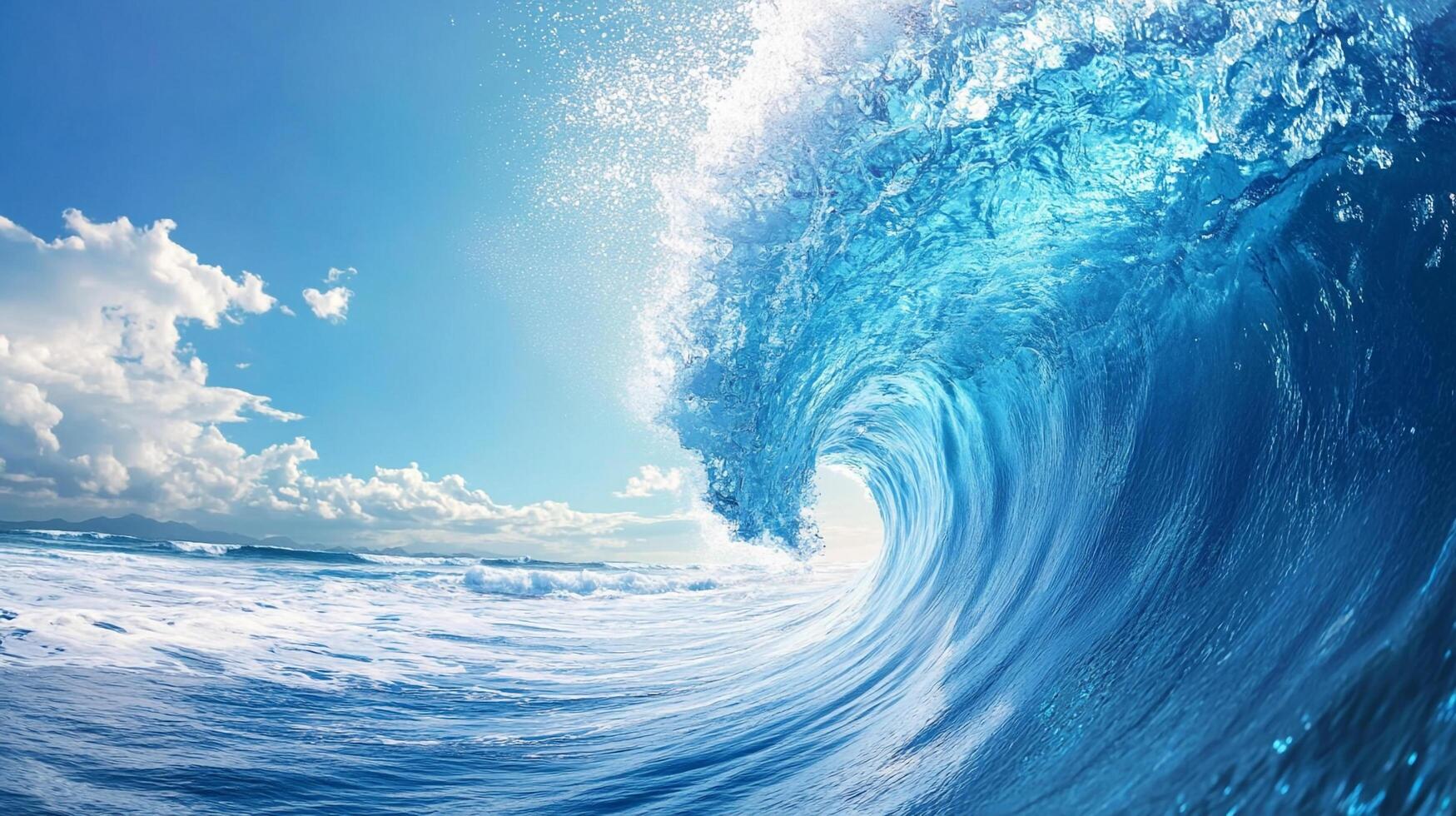 Majestic ocean wave cresting under a sunny sky, showcasing nature's raw power and the mesmerizing beauty of the sea. White foam sprays in the air. photo