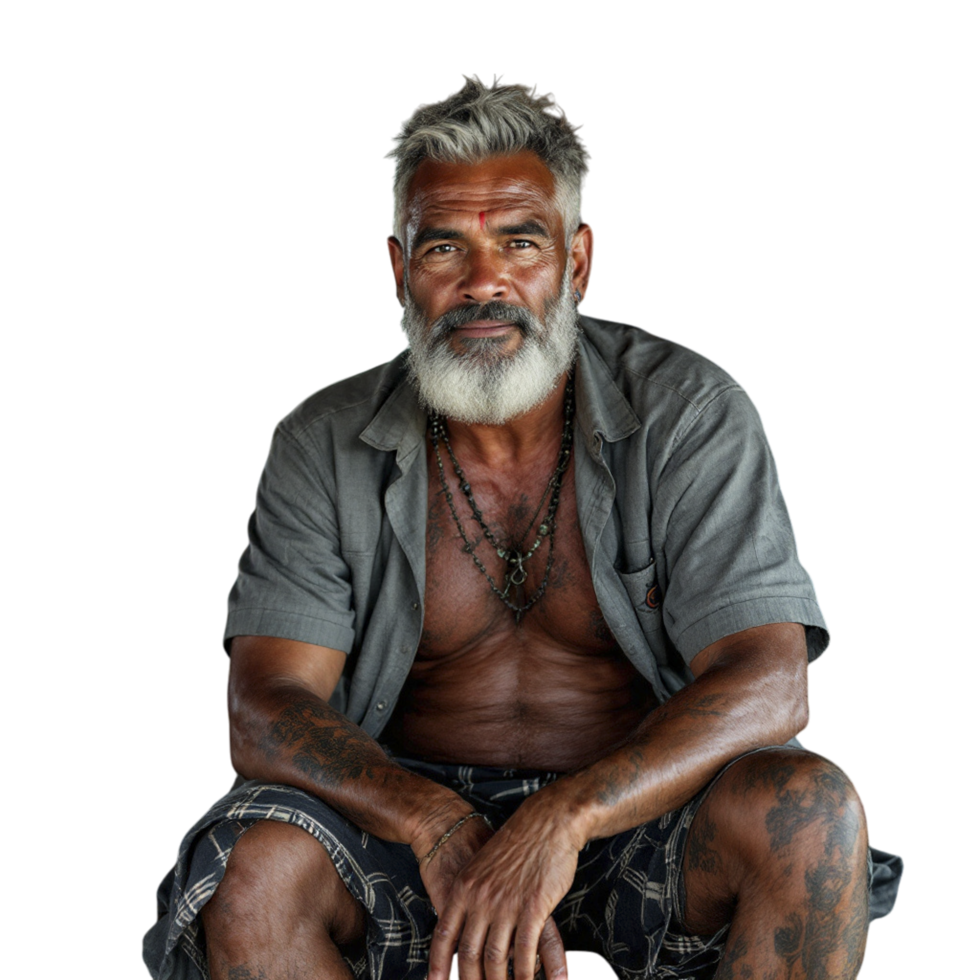 An old man with a beard and tattoos sitting on a chair png