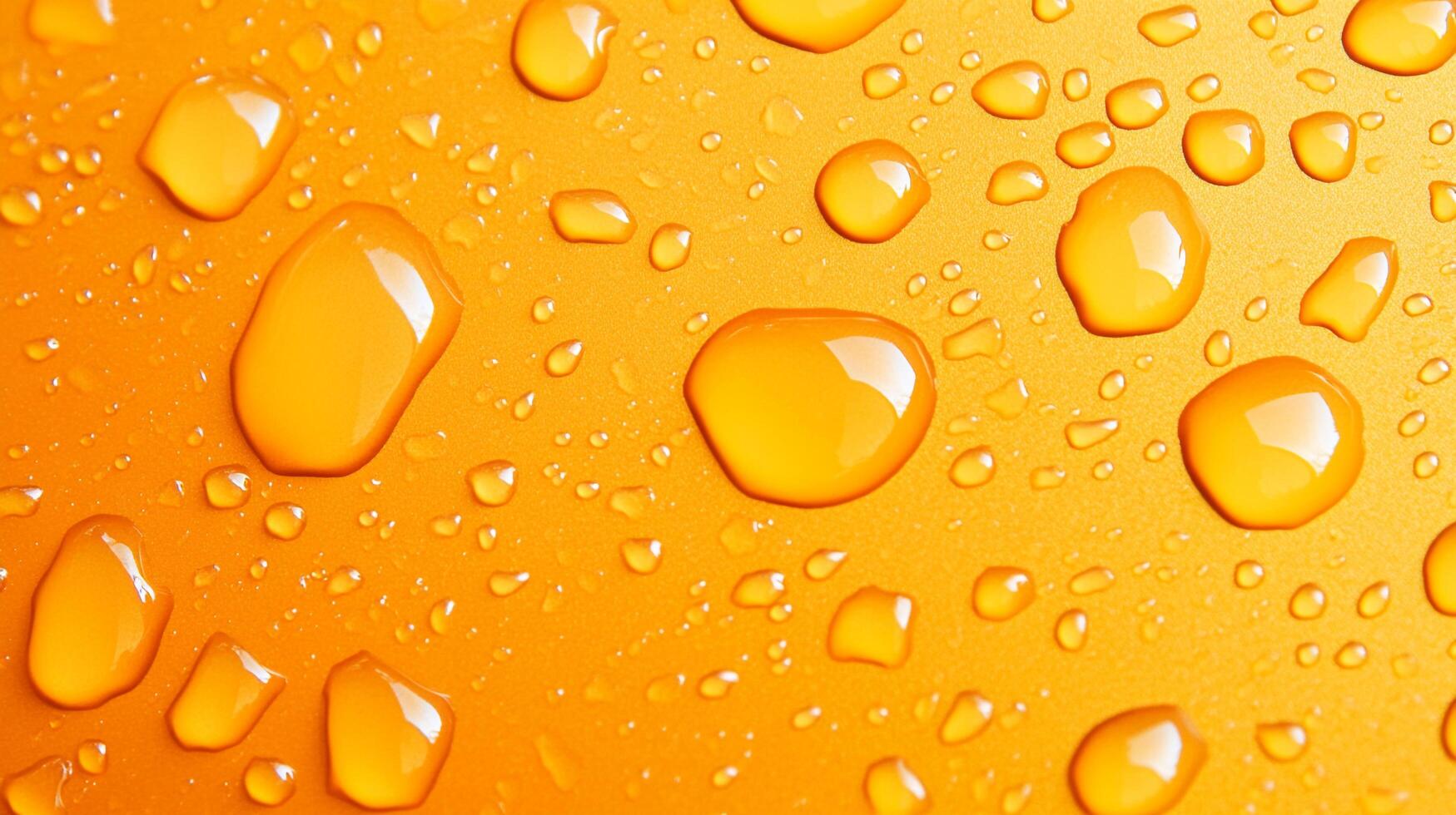 A vibrant, close-up shot showcases water droplets on a solid orange background. The droplets vary in sizes, creating a visually appealing texture. photo