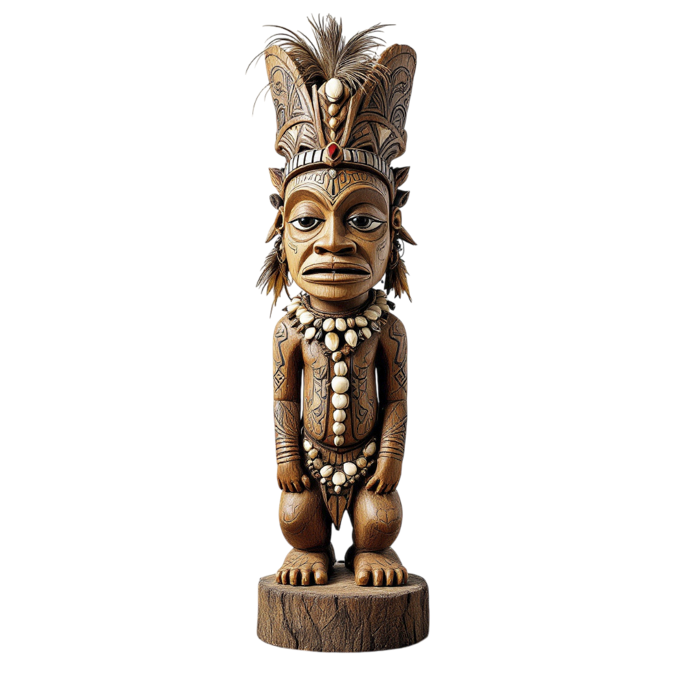 A wooden statue of a man with a headdress png