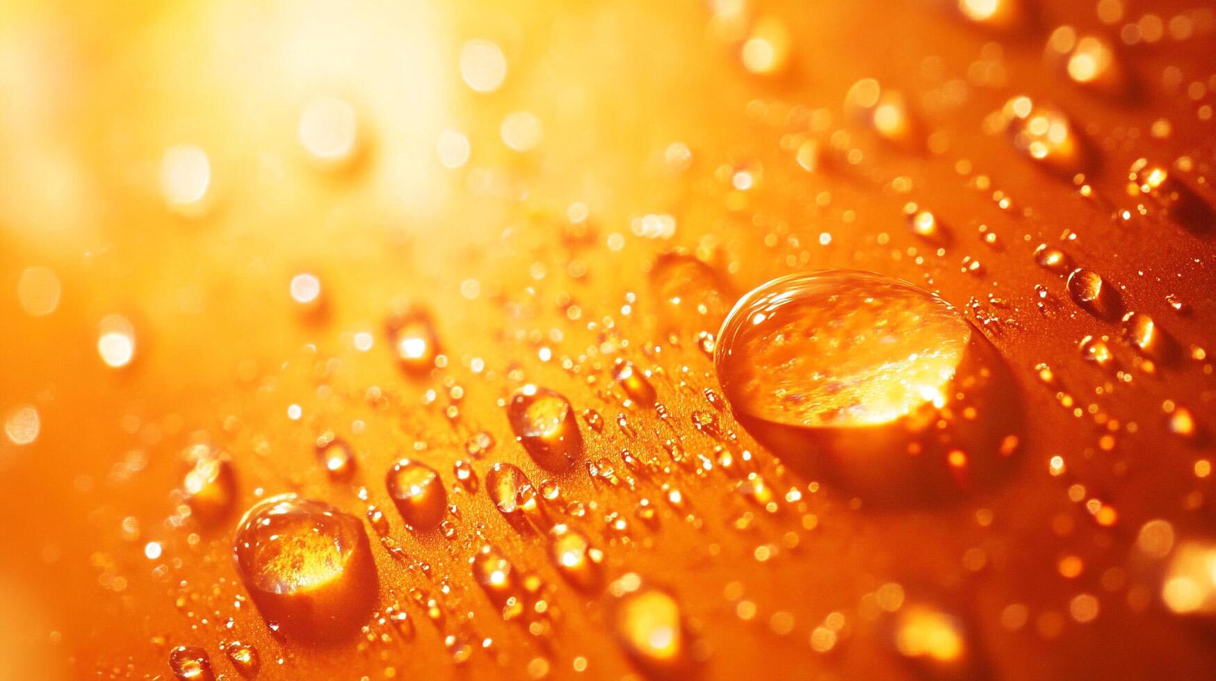 Golden surface with water droplets, highlighting texture and light. Close-up shot reveals intricate details. Glistening surface with liquid. photo