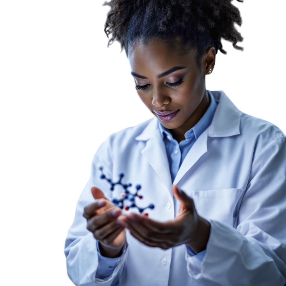 A woman in a lab coat holding a molecule png