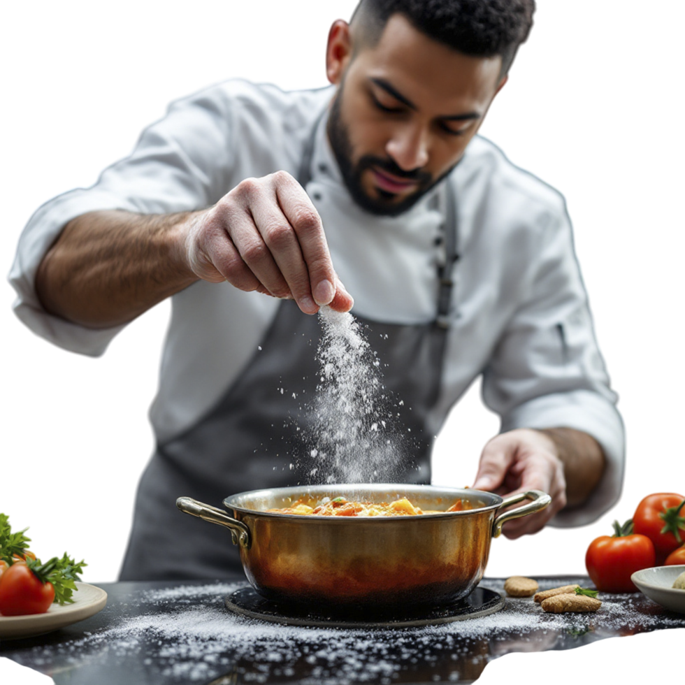 A chef sprinkling salt on a pan of food png