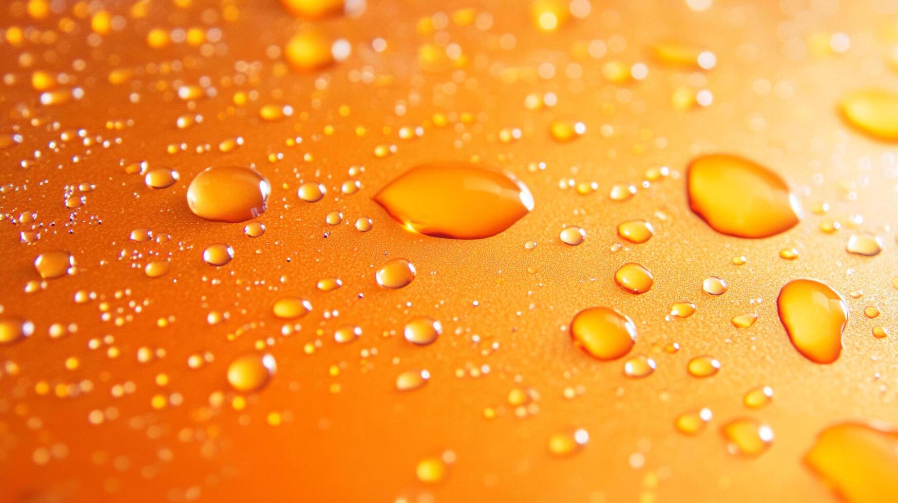 Macro shot of water droplets on a vibrant orange surface, creating a textured pattern of reflective highlights and soft shadows. photo