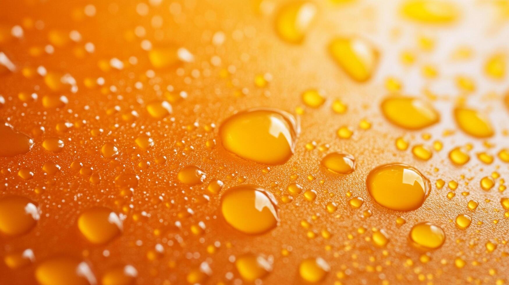 Close-up of water droplets clinging to an orange surface, creating a fresh, glistening effect with varying sizes and shapes. photo
