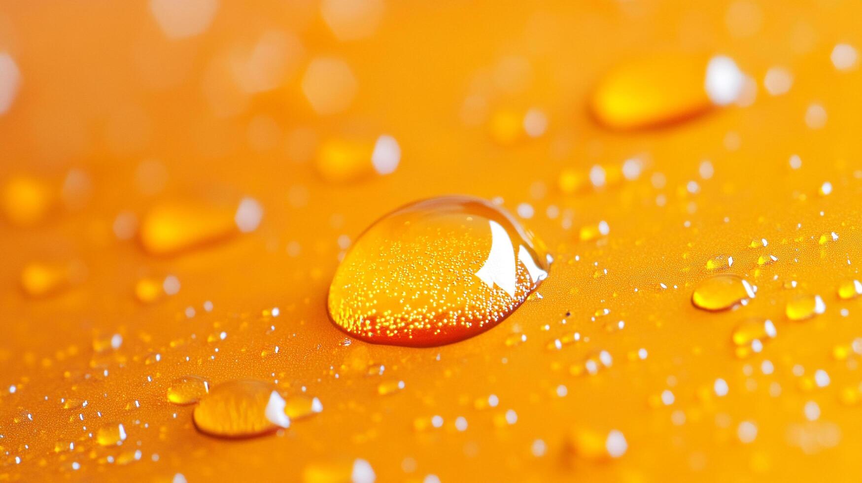 Macro shot of golden liquid droplets resting on a saturated orange surface, showcasing texture, light and small bubbles within each droplet. photo