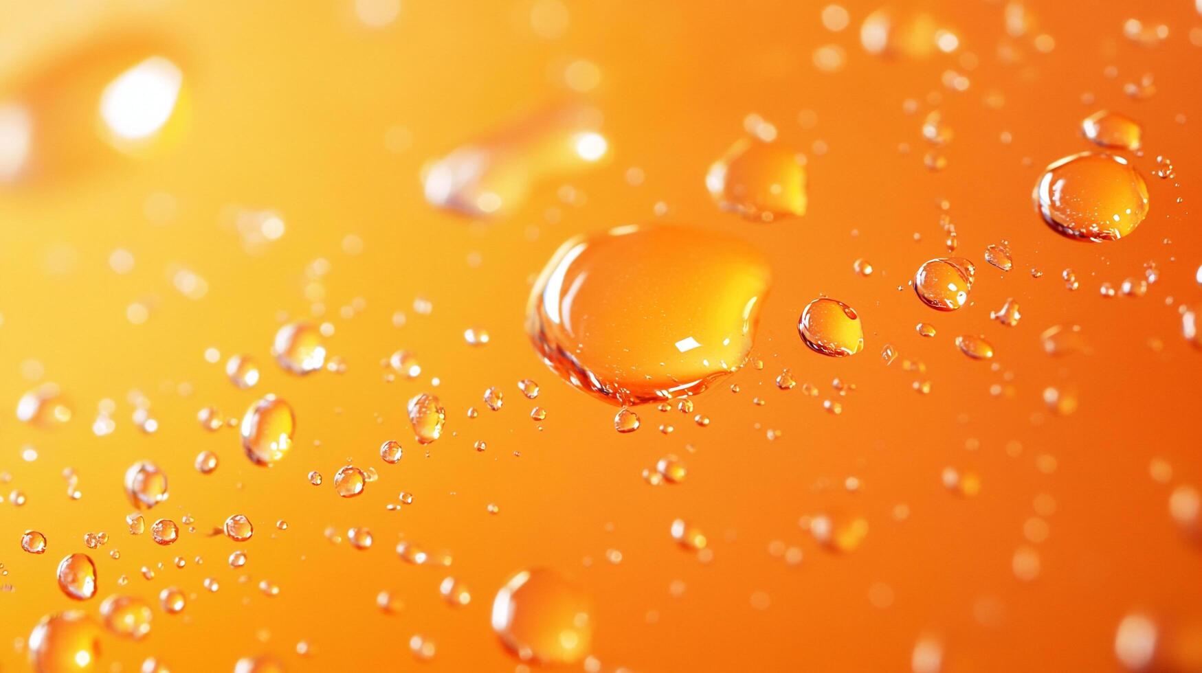 Macro image of water droplets clinging to a vibrant orange surface, reflecting light and showcasing surface tension in delicate detail. photo