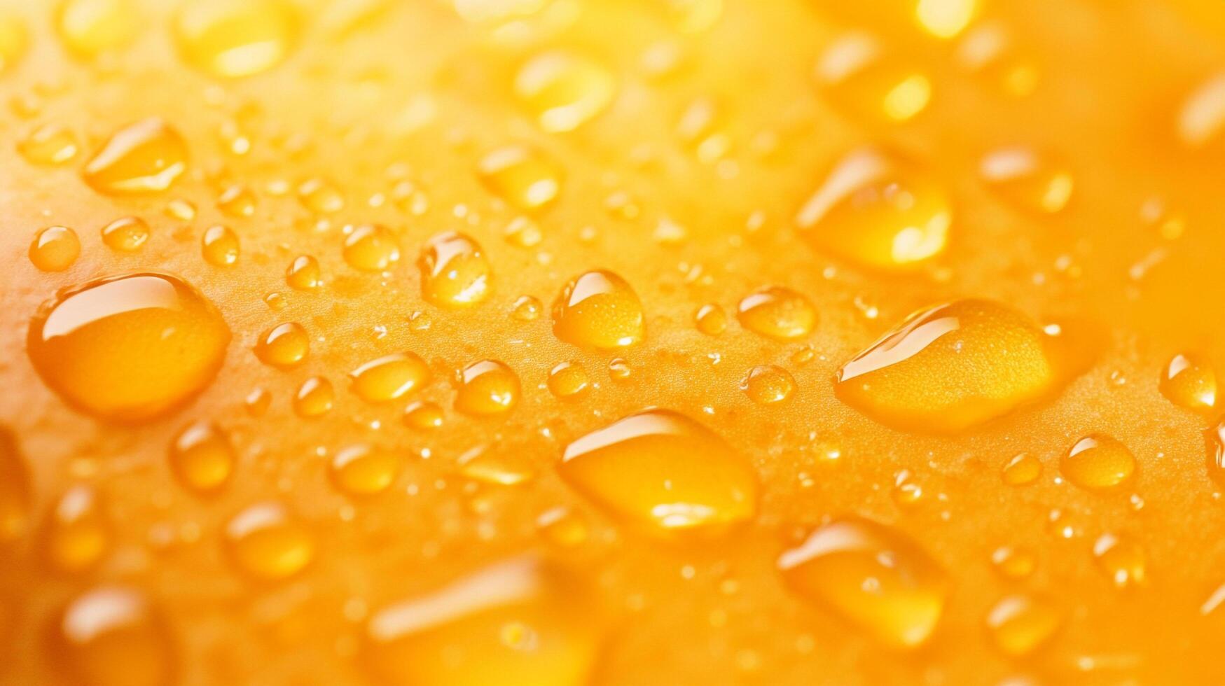 Close-up of glossy droplets on vibrant orange surface, sparkling in light, evoking freshness and purity of the nature elements. photo