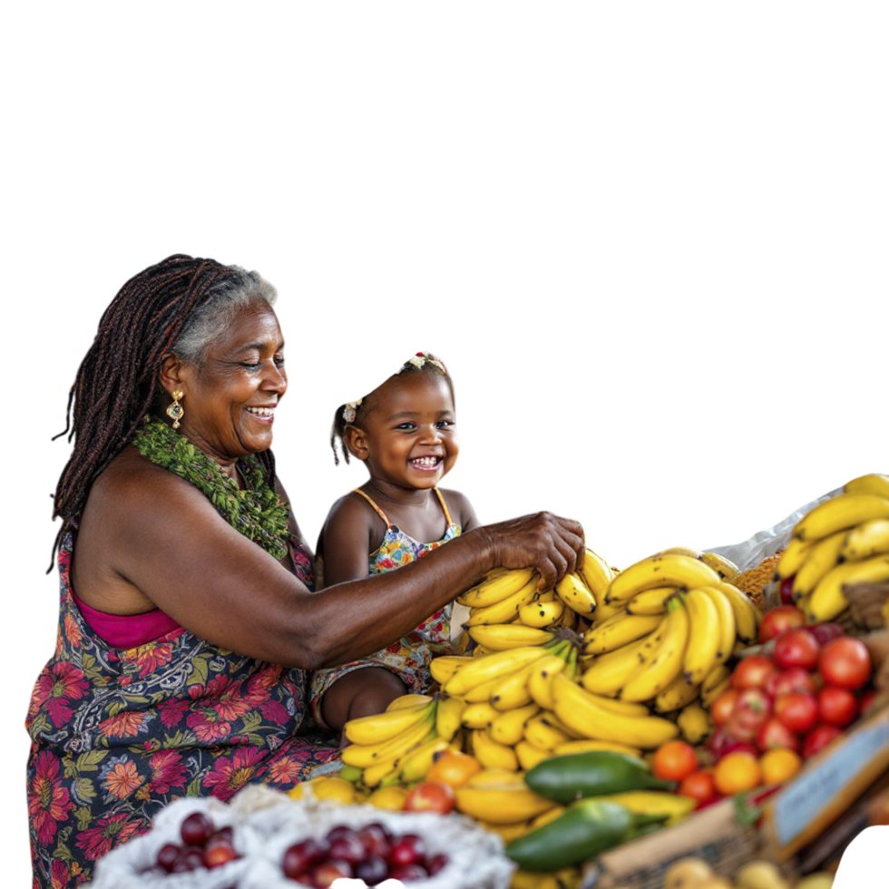 A woman and a child sitting at a table with a bunch of bananas png