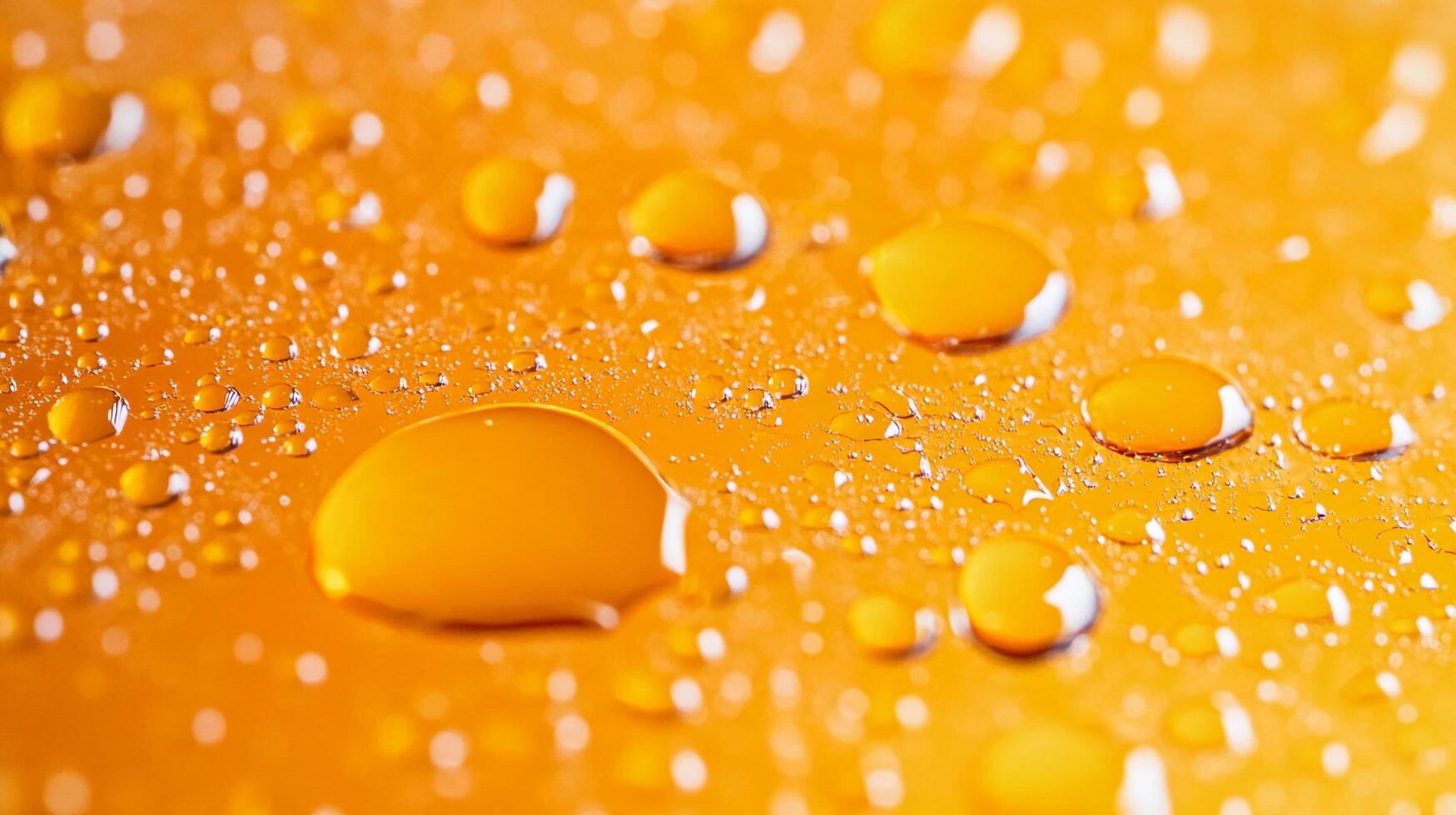 Golden droplets glisten on surface, reflecting warm light in a mesmerizing display of condensation and liquid texture. Macro view of wetness. photo