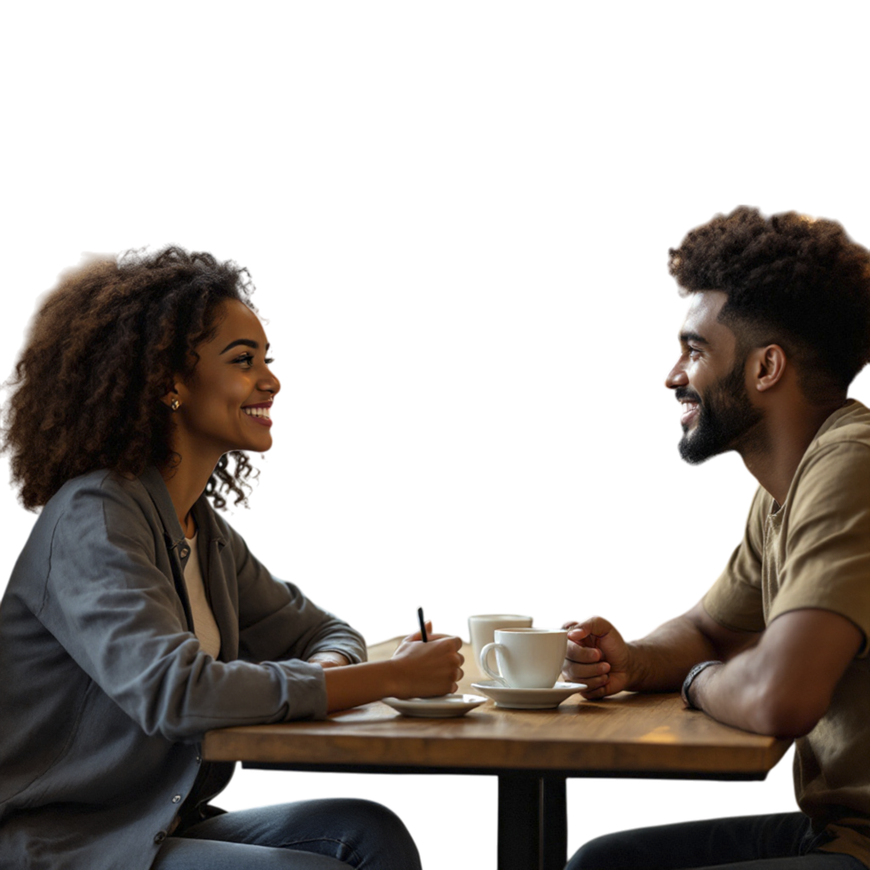 A man and woman sitting at a table with coffee png