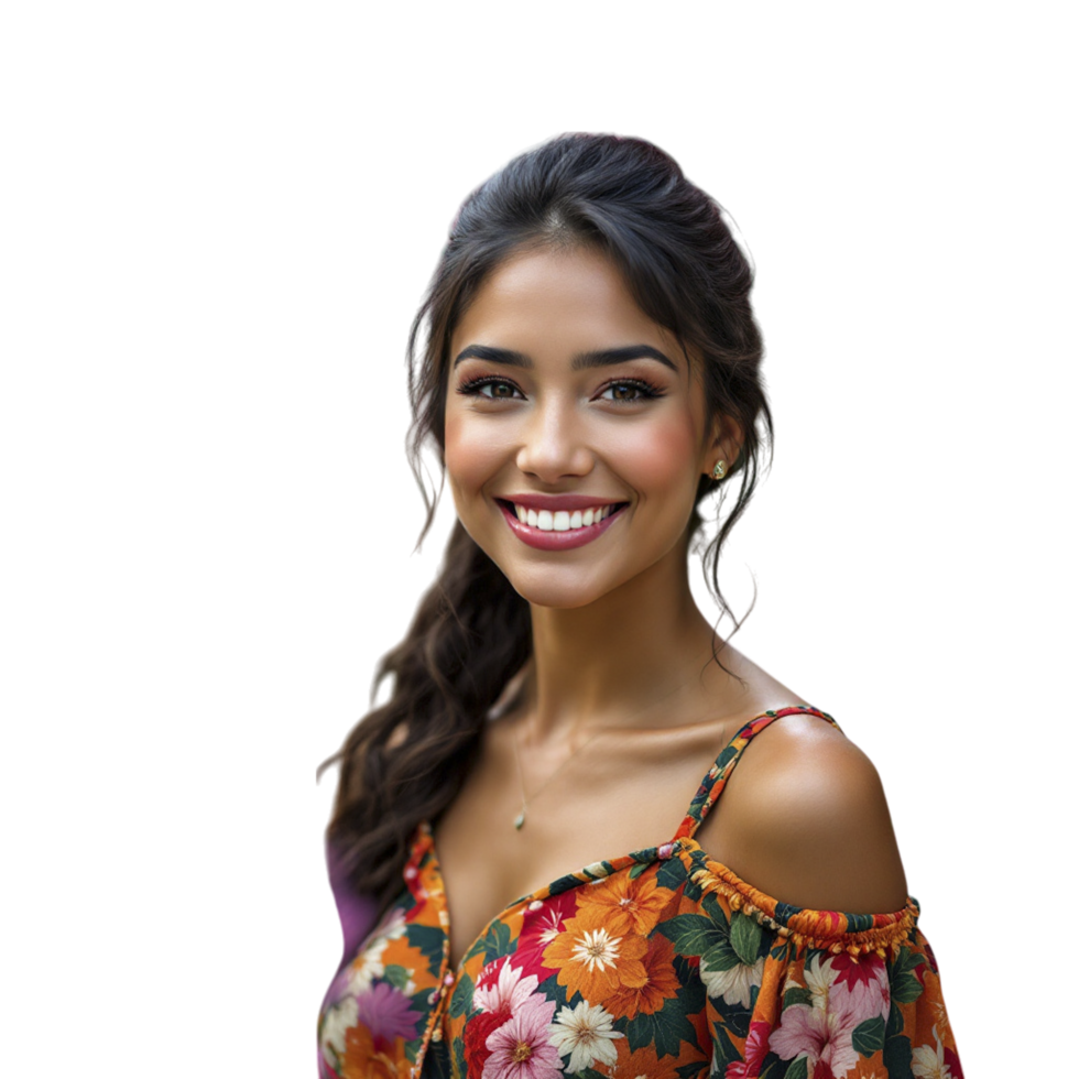 A woman smiling in a floral top png