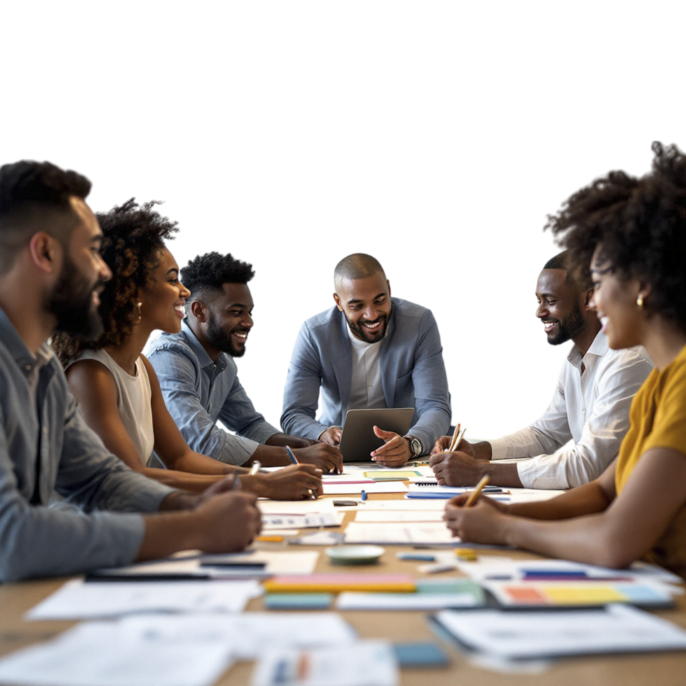A group of people sitting around a table with a man looking at a tablet png