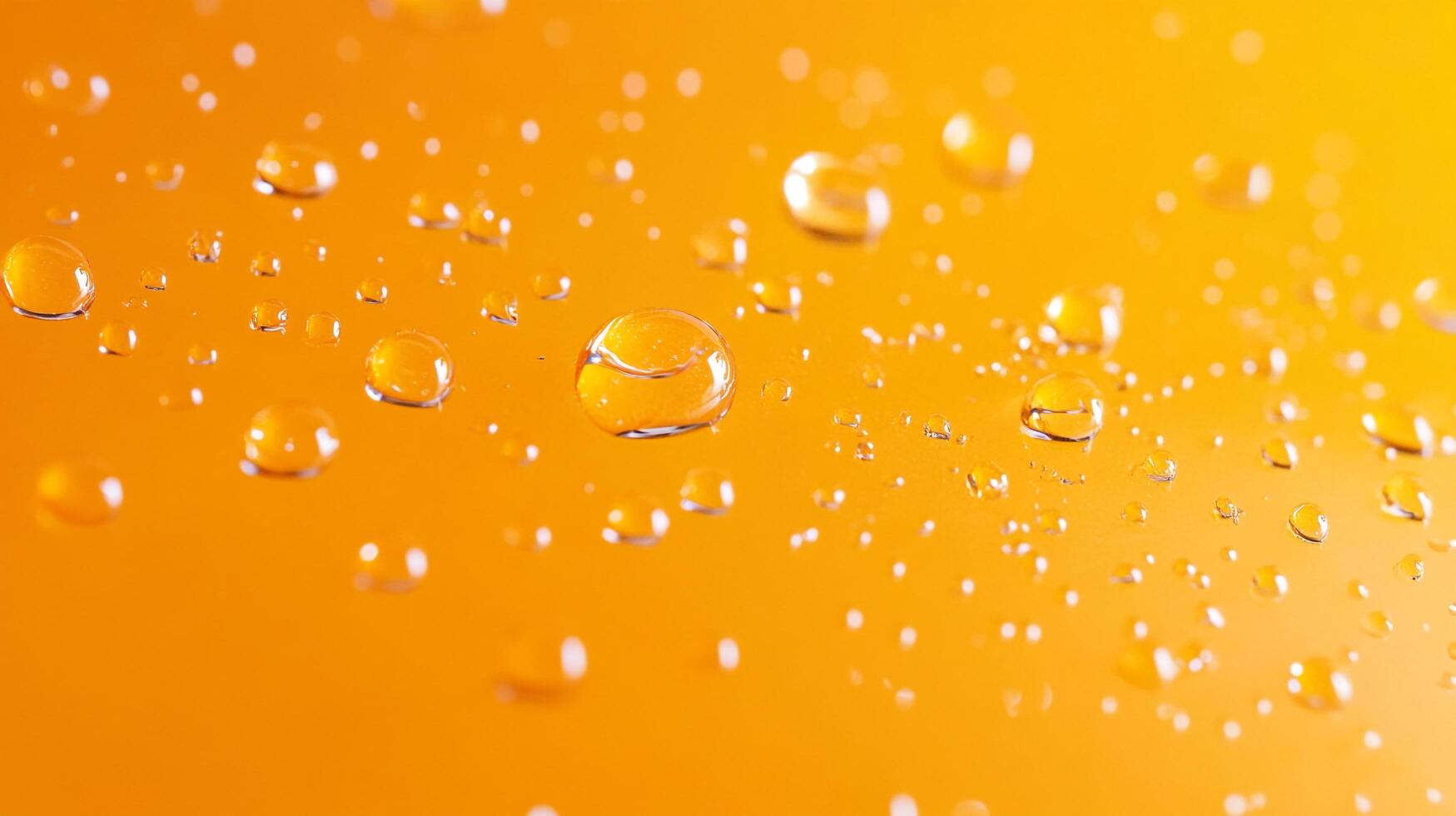 Macro shot of water droplets on a vibrant orange surface creating an abstract, refreshing, and visually appealing design. Bright and clean. photo