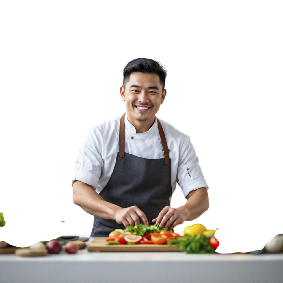 Chef asian man smiling while cutting vegetables on a cutting board png
