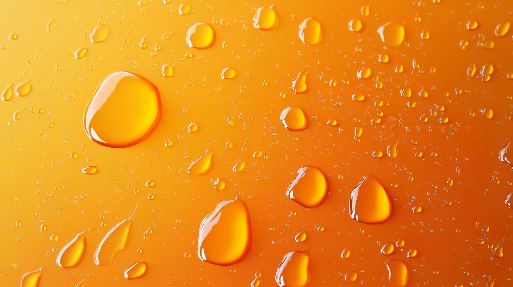 Captured is an abstract and visually intriguing image of vibrant, orange water droplets, varying in size, scattered across a surface. photo