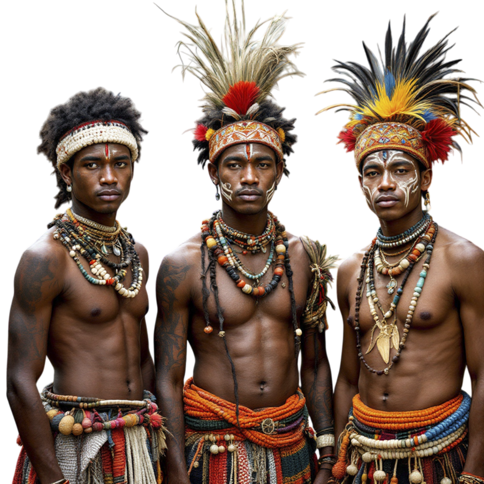 Three men wearing tribal headdresses png