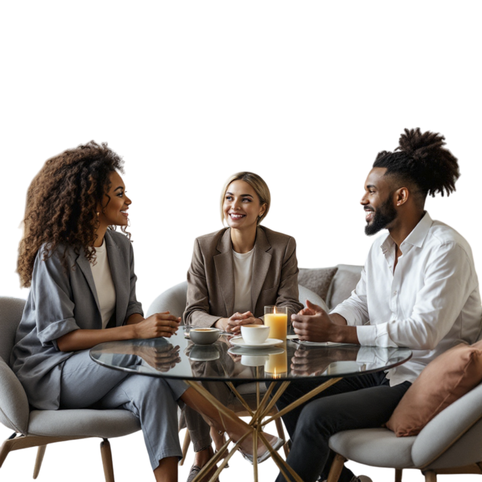 Three business people sitting around a table talking png
