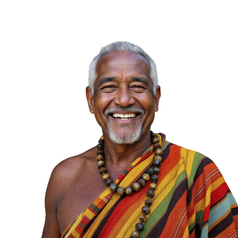 An old man in a colorful robe smiling png