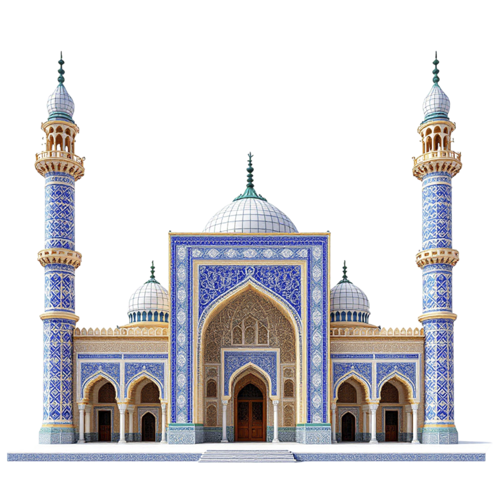 A blue and white mosque with two minarets png