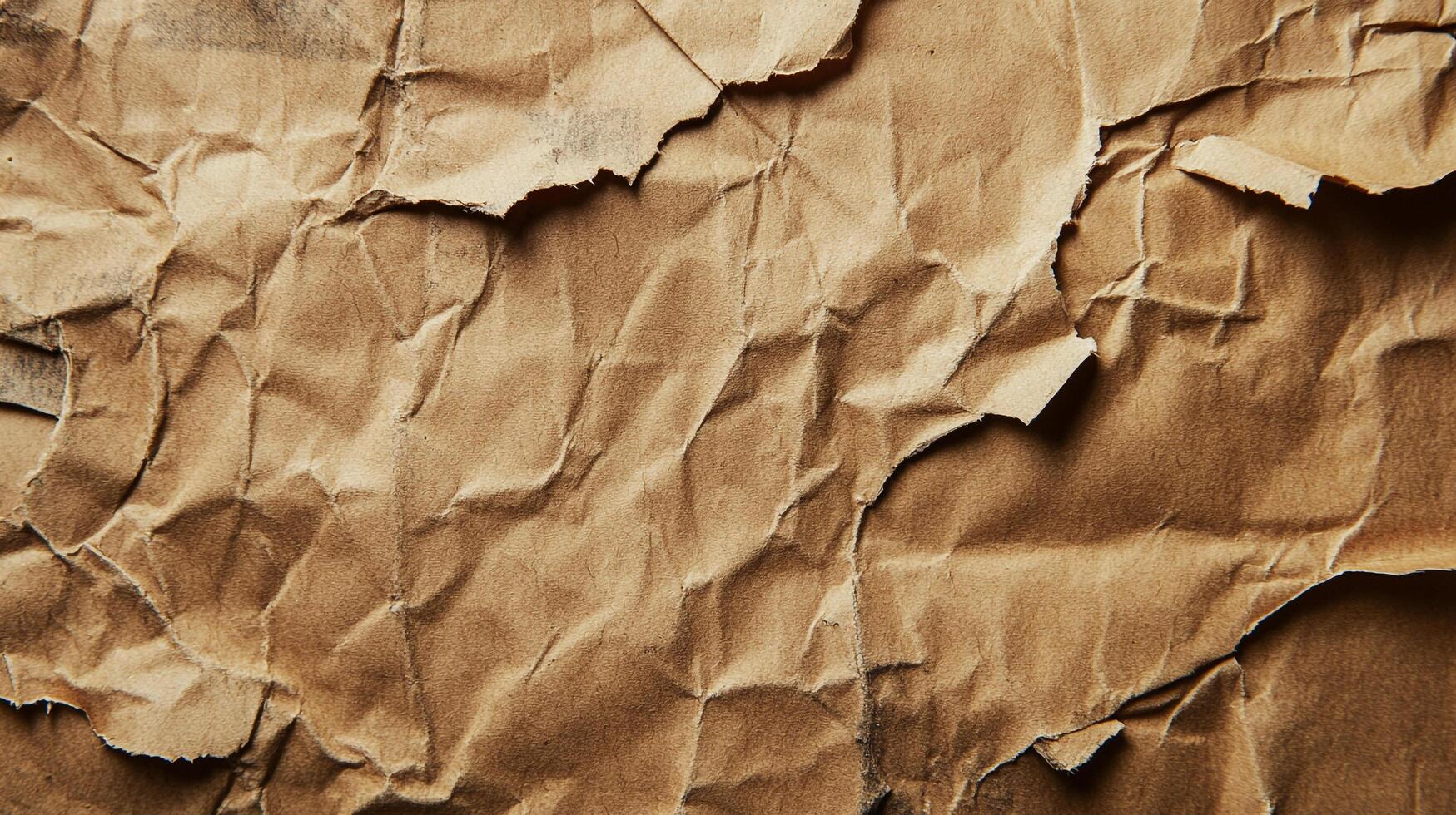 Texture of aged paper, crumpled and torn. Brown paper surface with shadows and wrinkles. Vintage design element with distressed look. photo