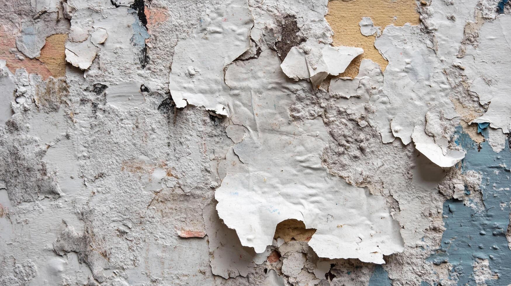 Close up of damaged wall, featuring paint peeling off layers of plaster, creating an abstract texture and pattern on a weathered surface. photo