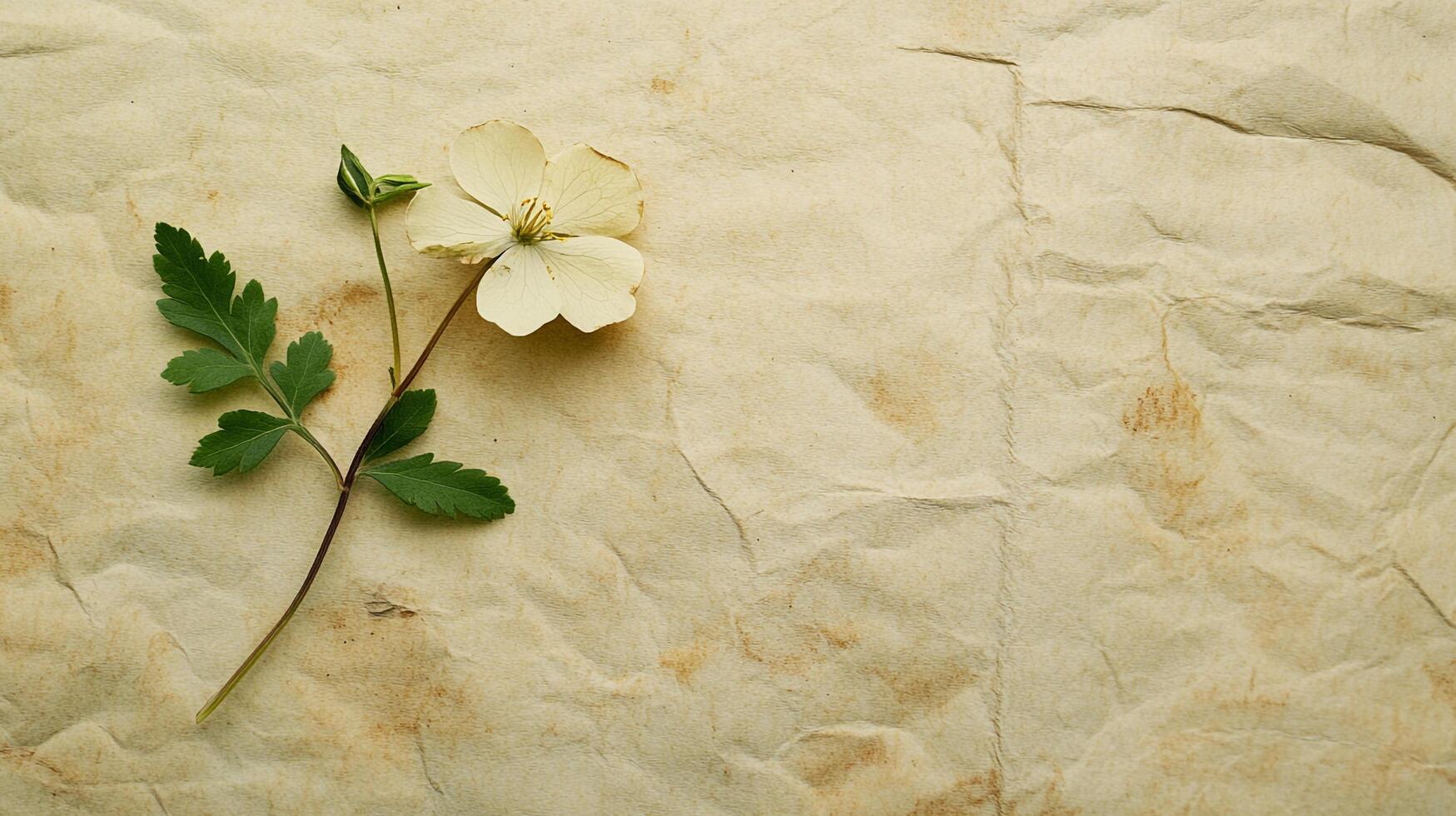 Delicate flower and leaf sprig gracefully rests on a textured, antiqued parchment surface creating a sense of timeless beauty and botanical art. photo