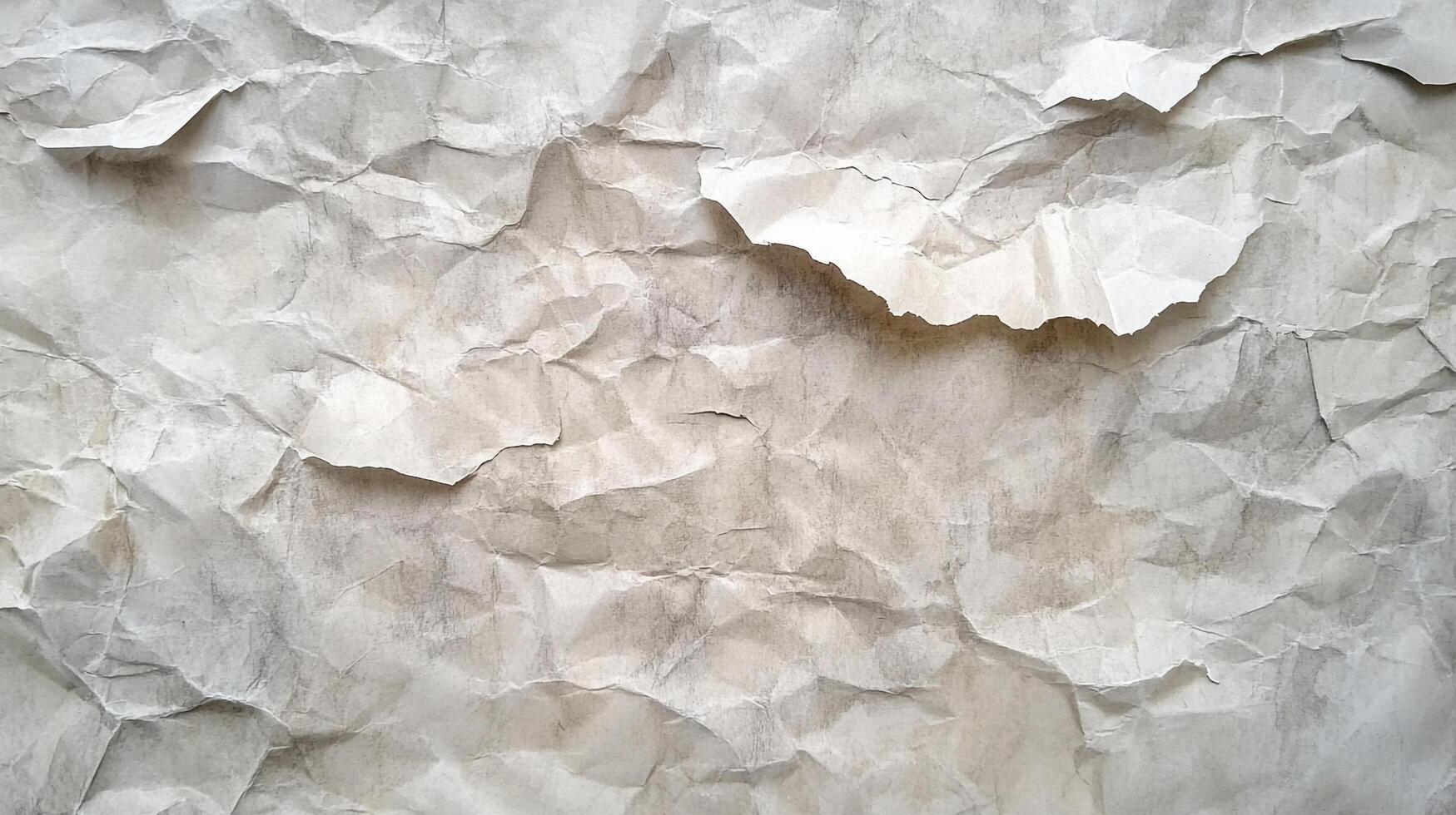An overhead view shows a crumpled piece of paper, its surface displaying a network of folds and tears that evoke a sense of age and texture. photo