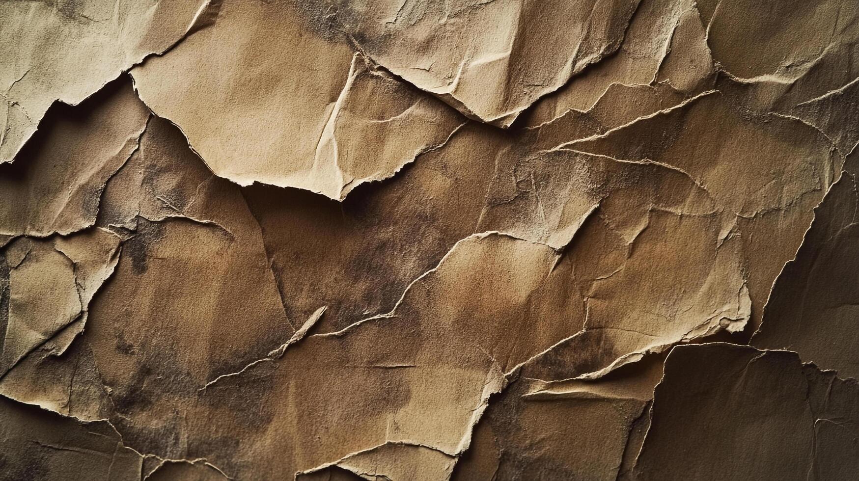 Texture of crumpled brown paper with pronounced folds, shadows and cracks creating an interesting abstract pattern of light and dark. photo