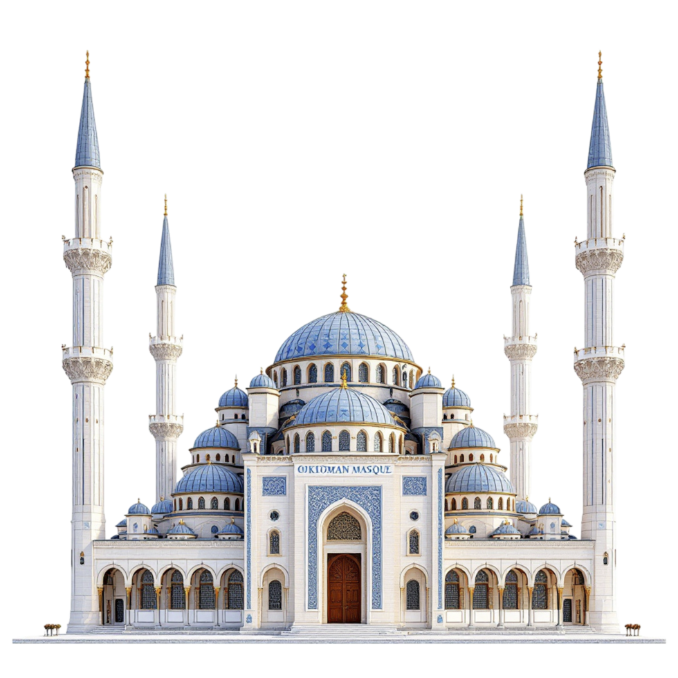 A blue mosque with blue domes and blue towers png