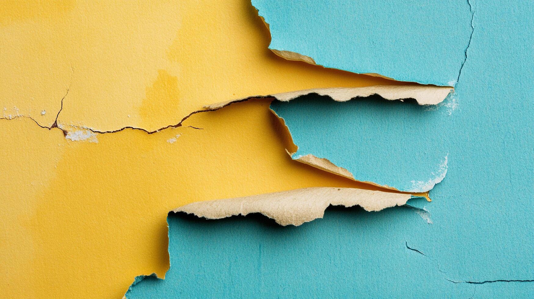Distressed wall with flaking paint in vibrant yellow and blue hues, revealing layers beneath, showcasing texture and decay. photo