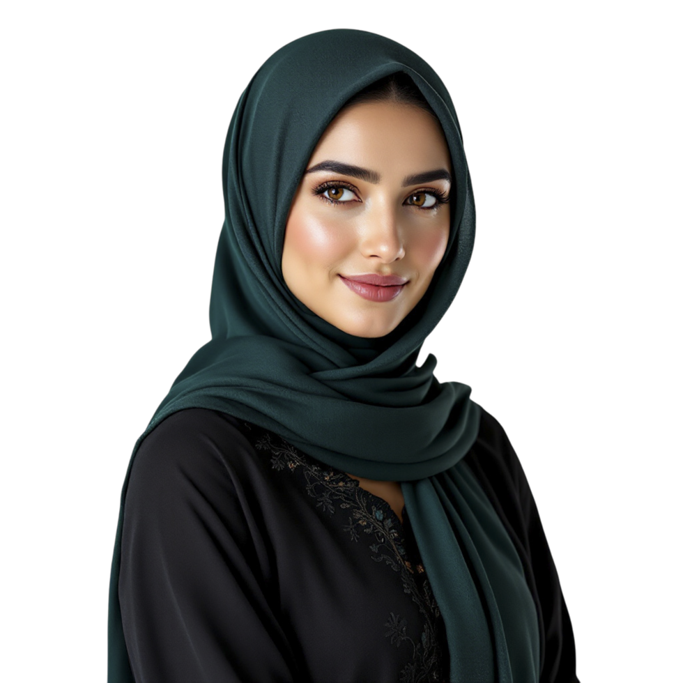 Beautiful young woman wearing a dark green hijab png