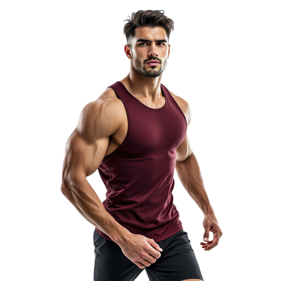 A man in a maroon tank top and shorts png