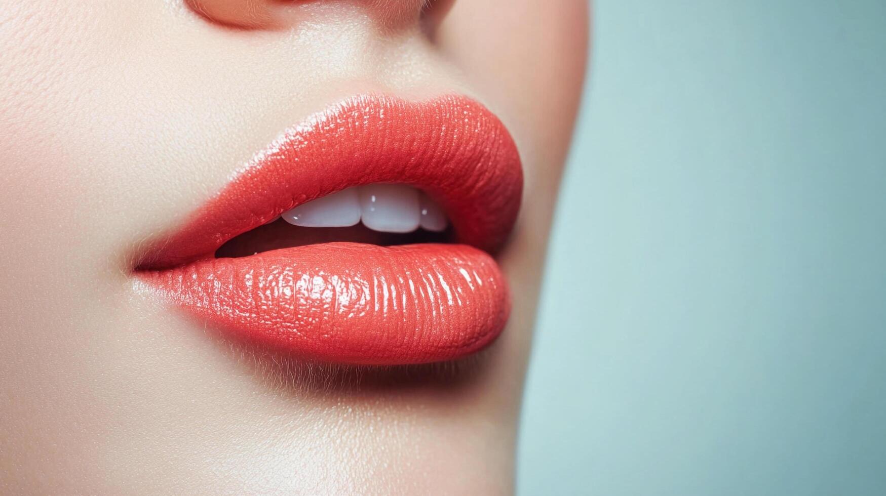 Close-up of glossy coral lips and white teeth against a soft blue background, showcasing beauty and skincare for a radiant smile. photo