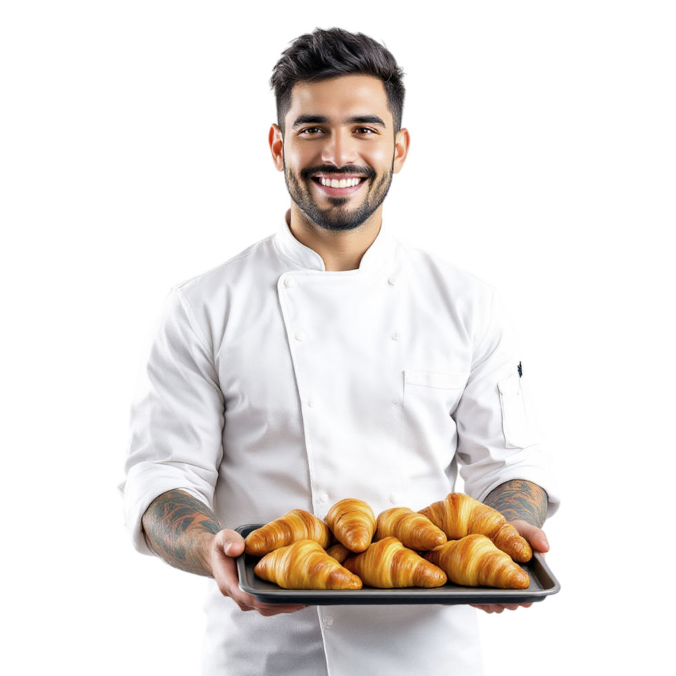 A male chef holding a tray with croissants png